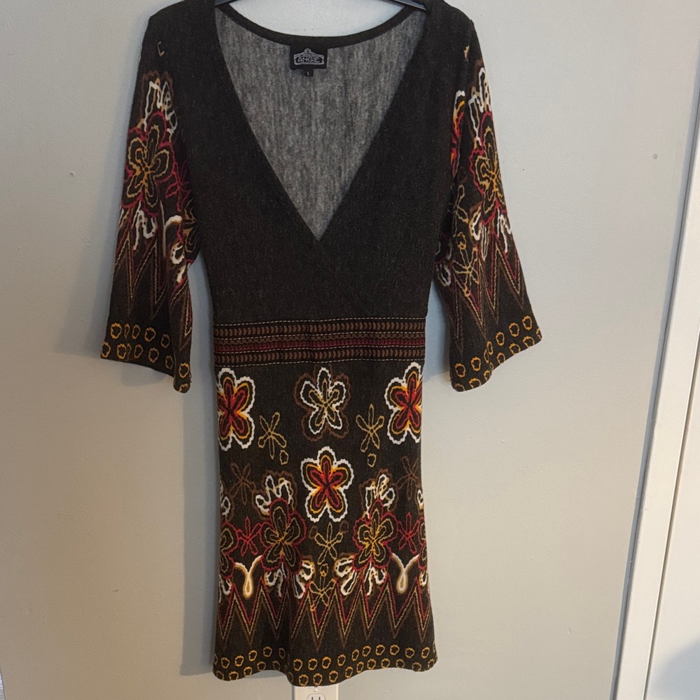 Angie floral deep v neck dress with 3 quarter sleeves brown, red, white, yellow
